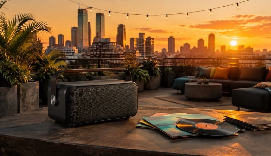 Rooftop at sunset with a portable speaker, vinyl records and city skyline