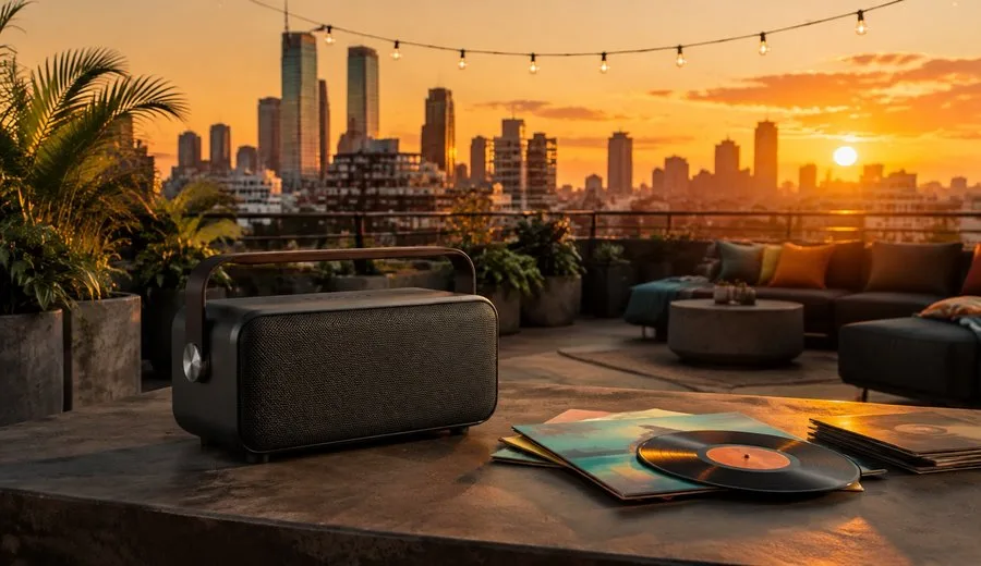 Rooftop at sunset with a portable speaker, vinyl records and city skyline